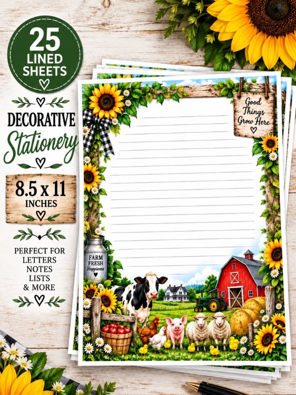 Farm Fresh Happiness Sunflower Farm Decorative Lined Paper Stationery 25 Sheets